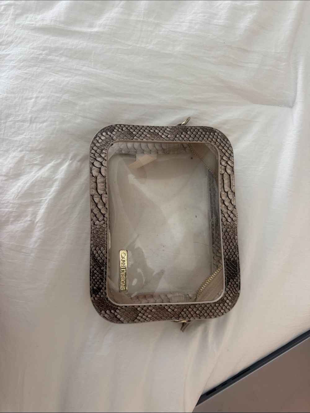 Clear Travel Accessory Pouch with Snake-Print Trim - Beige